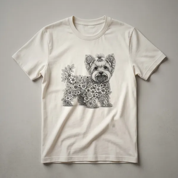 White t-shirt with a graphic design of a Yorkshire Terrier surrounded by colorful flowers.