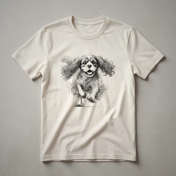 White graphic t-shirt featuring a distressed illustration of a Cavalier King Charles Spaniel in a running pose.