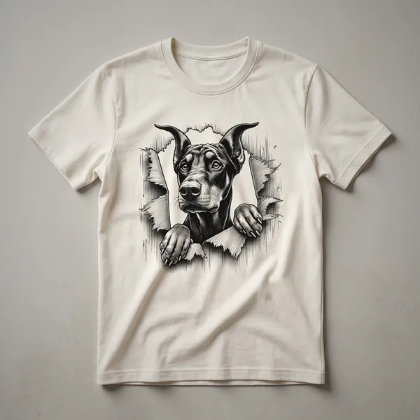 A black and tan Doberman Pinscher dog's head is peeking from the left side of a white graphic t-shirt.