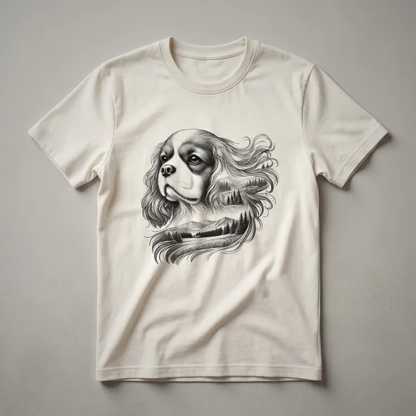 White graphic t-shirt featuring a black silhouette of a Cavalier King Charles Spaniel dog with a nature background of trees and mountains.