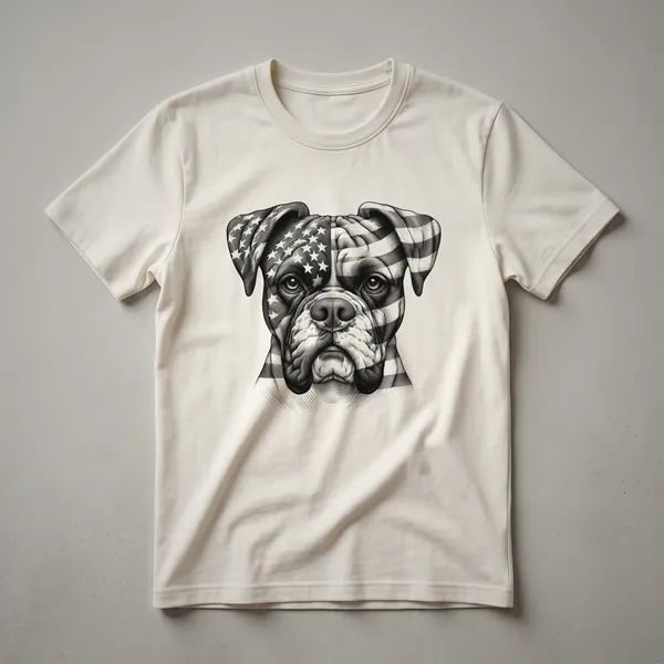 White t-shirt with a graphic of a Boxer dog's head overlaid on a distressed American flag, featuring red, white, and blue colors.