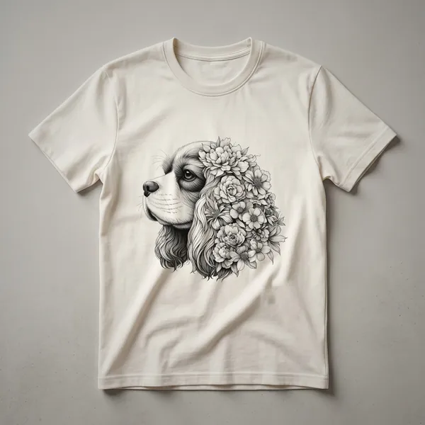 White t-shirt featuring a graphic of a Cavalier King Charles Spaniel's head adorned with a colorful array of flowers.