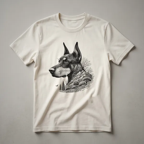 Black Doberman Pinscher dog portrait with a nature-themed background on a black t-shirt.