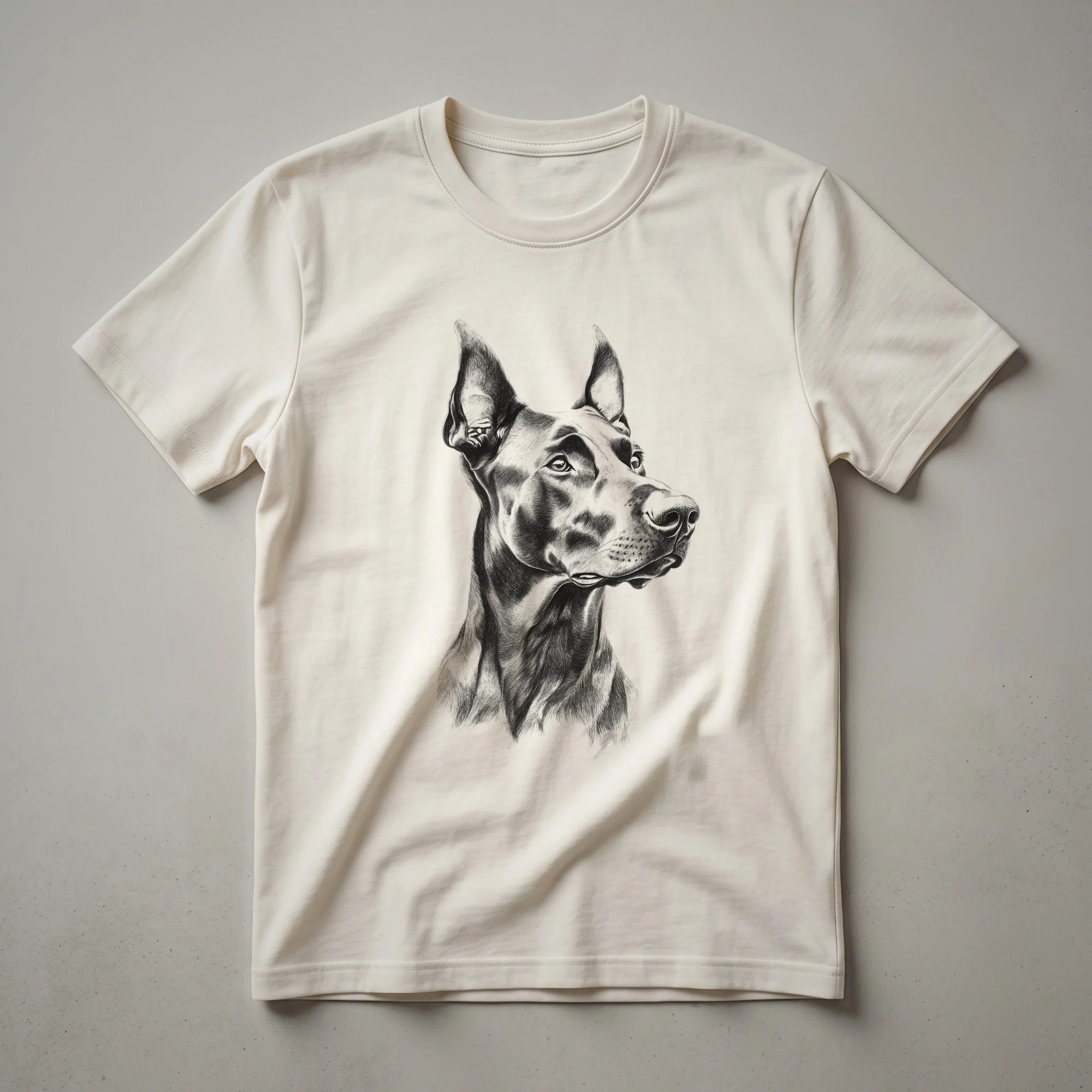 A black and white graphic of a Doberman Pinscher dog's head with a distressed, vintage effect, printed on a white t-shirt.
