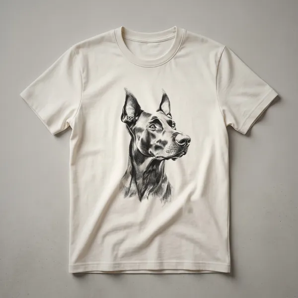 A black and white graphic of a Doberman Pinscher dog's head with a distressed, vintage effect, printed on a white t-shirt.