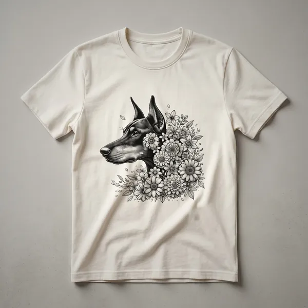 A white t-shirt featuring a Doberman Pinscher silhouette filled with a colorful floral design, with the words 'Doberman Pinscher' and 'Floral Design' visible.