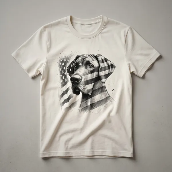 White t-shirt with a graphic of a Great Dane wearing sunglasses, superimposed over an American flag design.