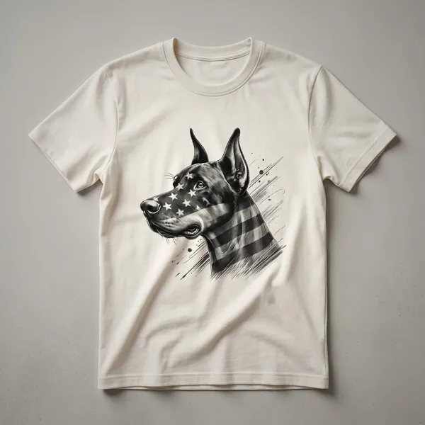 White graphic t-shirt featuring a Doberman Pinscher wearing sunglasses with an American flag pattern on its face and background.