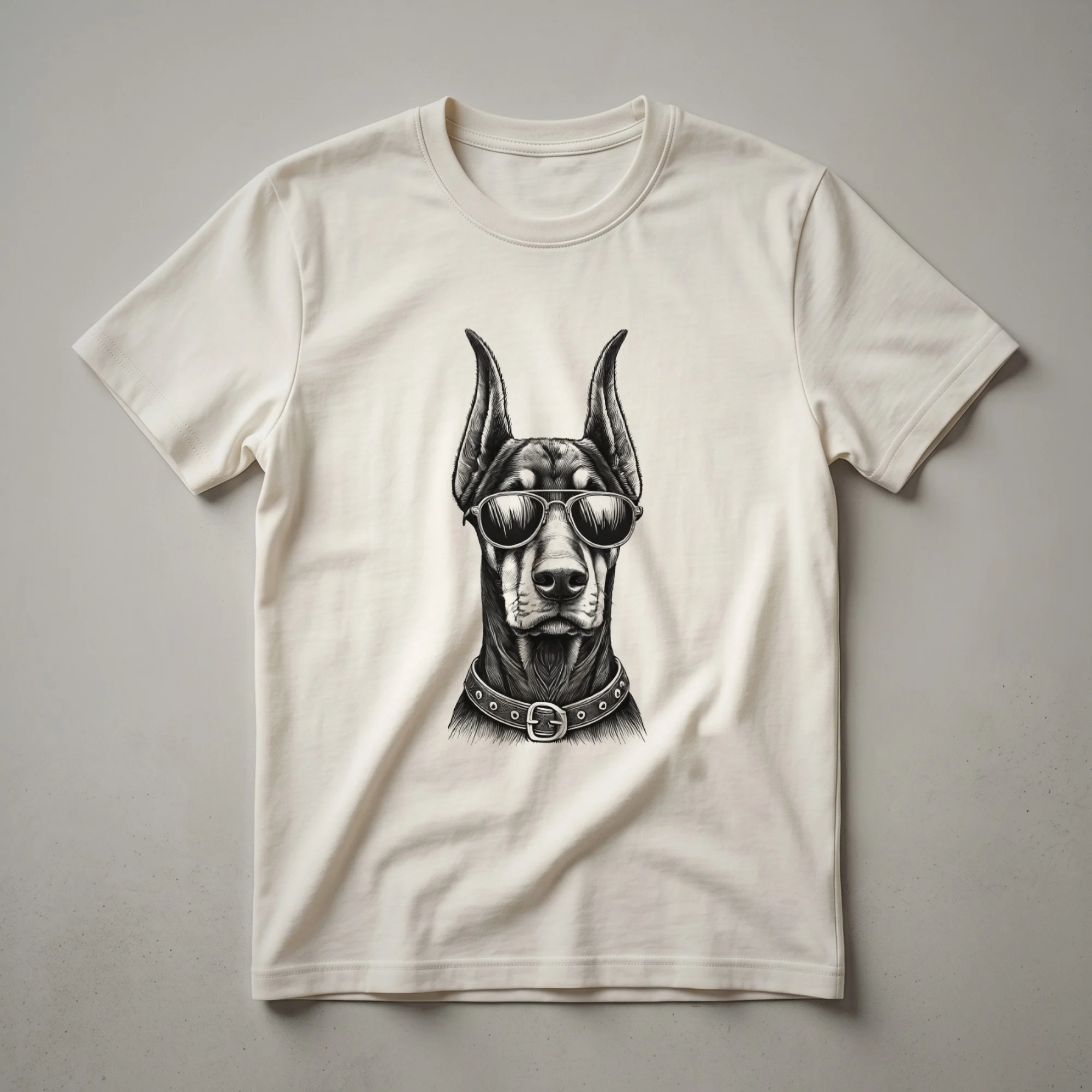 Black graphic t-shirt featuring a Doberman Pinscher wearing sunglasses with a patriotic theme.