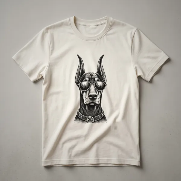 Black graphic t-shirt featuring a Doberman Pinscher wearing sunglasses with a patriotic theme.