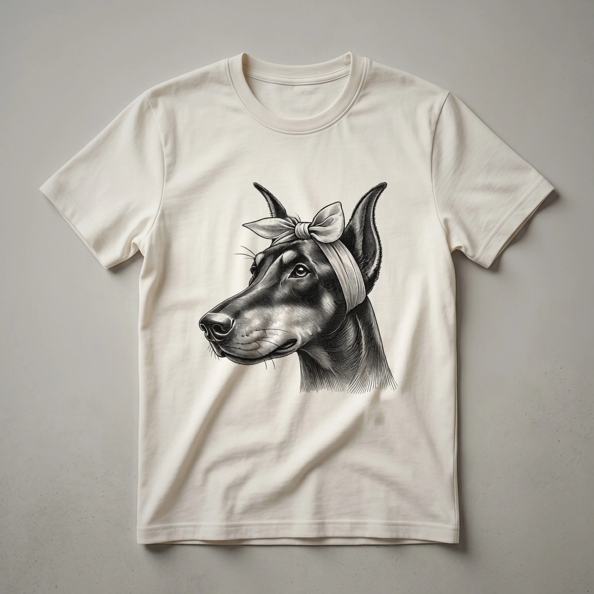 Black graphic t-shirt with a Doberman Pinscher head illustration and distressed text reading 'Dobie Mama' and 'Dog Mom'.