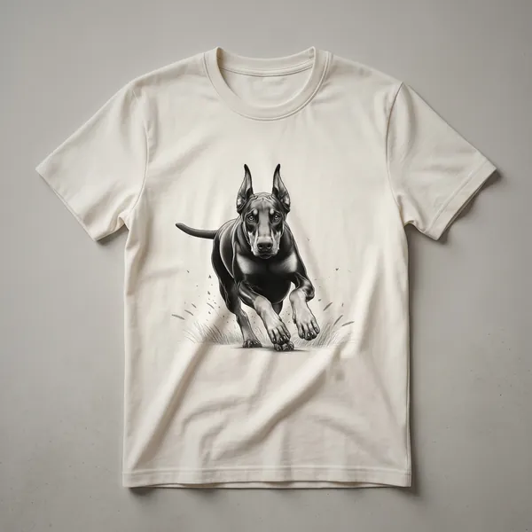 White graphic t-shirt featuring a Doberman Pinscher dog in a running stance with a distressed texture.
