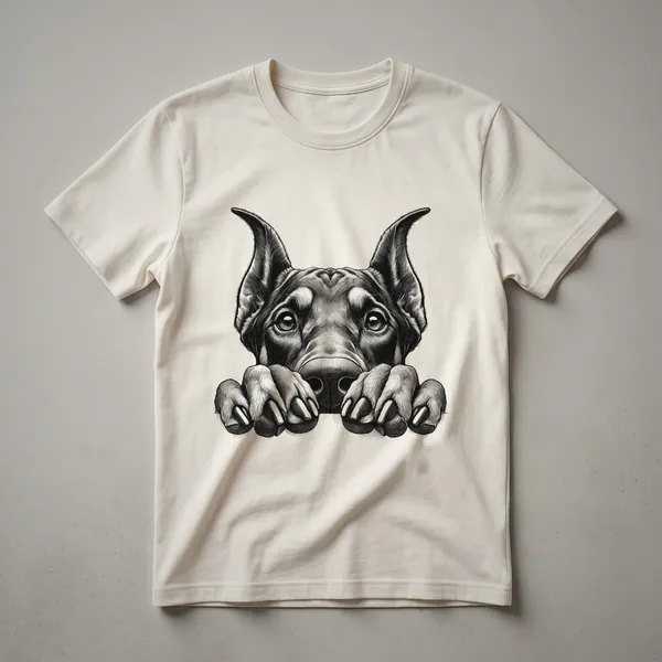 A white graphic t-shirt featuring a cartoon illustration of a Doberman Pinscher's head peeking from the left side of the design.