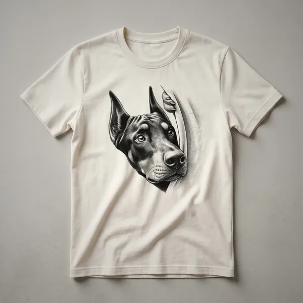 White graphic t-shirt featuring a minimalist black outline of a Doberman Pinscher's head peeking over a horizontal line.