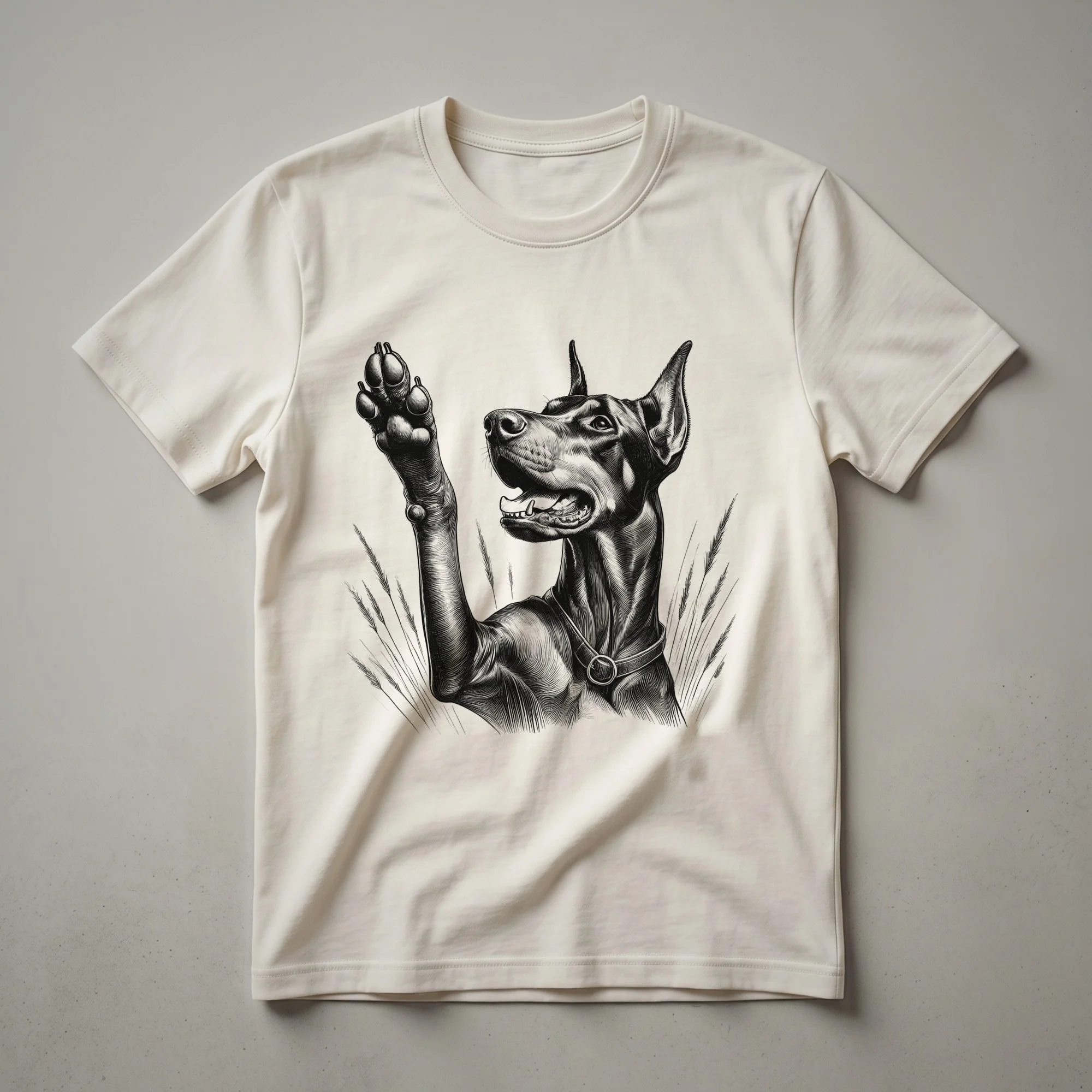 Black Doberman Pinscher dog raising its paw with 'Dobie Raising Paw' text graphic on a white t-shirt.