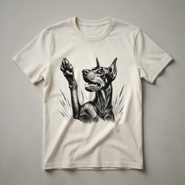 Black Doberman Pinscher dog raising its paw with 'Dobie Raising Paw' text graphic on a white t-shirt.
