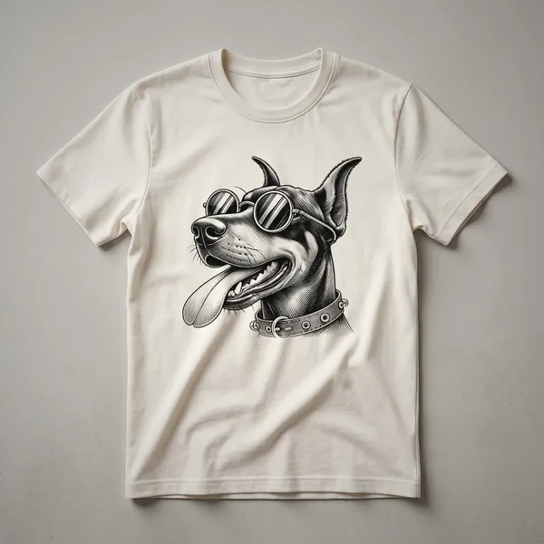 White graphic t-shirt featuring a Doberman Pinscher dog wearing dark sunglasses, with the text 'Dobie Design' below.