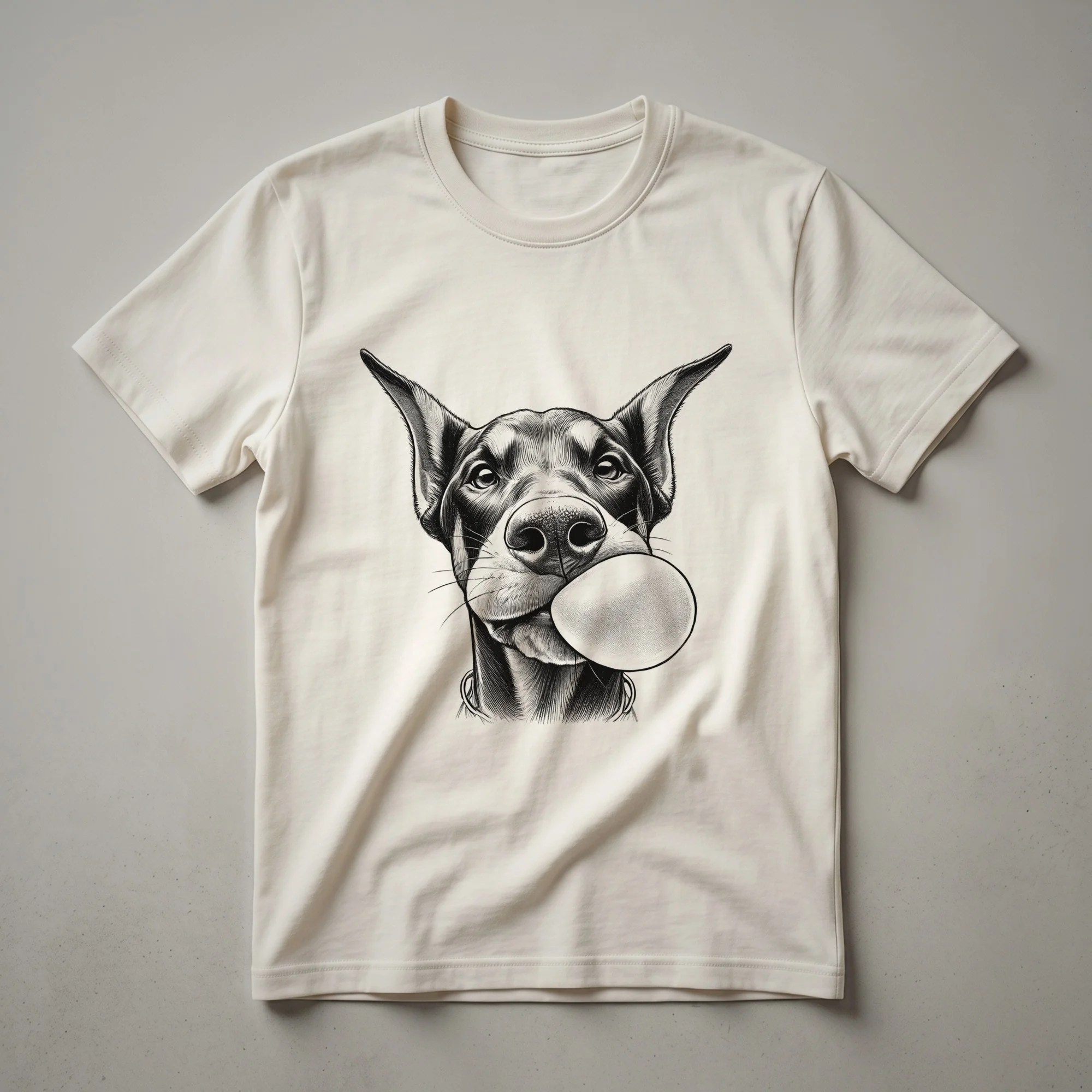 A white graphic t-shirt featuring a Doberman Pinscher dog blowing a large pink bubble gum bubble.