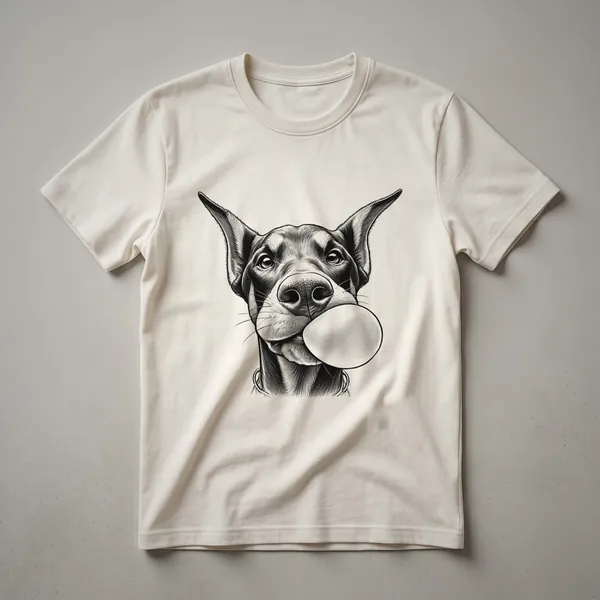 A white graphic t-shirt featuring a Doberman Pinscher dog blowing a large pink bubble gum bubble.