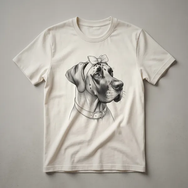 White Great Dane silhouette filled with a colorful floral pattern, printed on a black t-shirt.