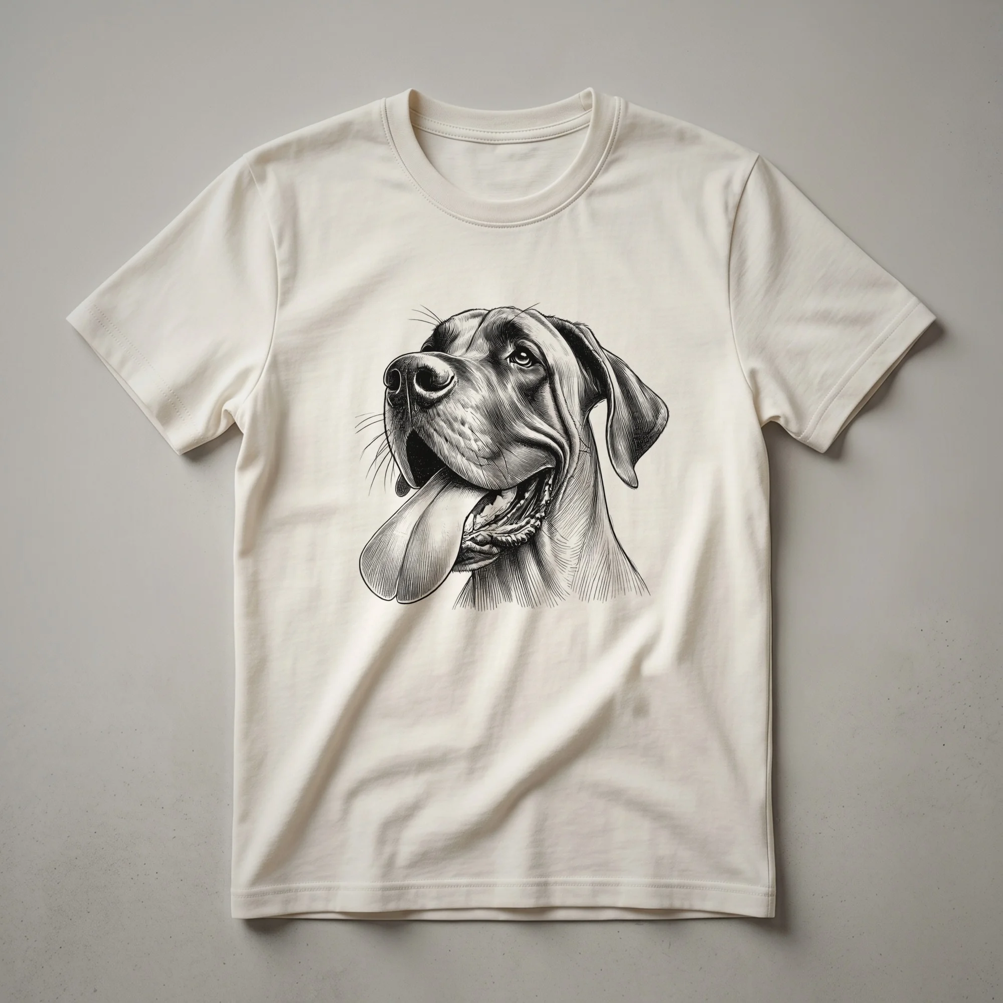 White graphic t-shirt featuring the humorous face of a Great Dane dog with a playful expression.