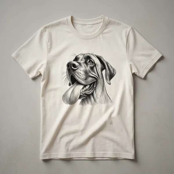 White graphic t-shirt featuring the humorous face of a Great Dane dog with a playful expression.