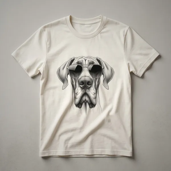 A white graphic t-shirt features a Great Dane dog wearing dark sunglasses and a red, white, and blue patriotic bandana around its neck.