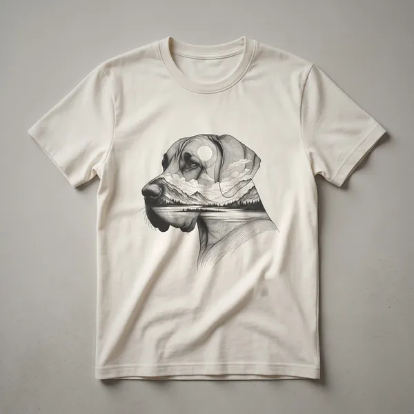 A black Great Dane dog is depicted in a stylized artistic portrait with a nature landscape background on a white t-shirt.