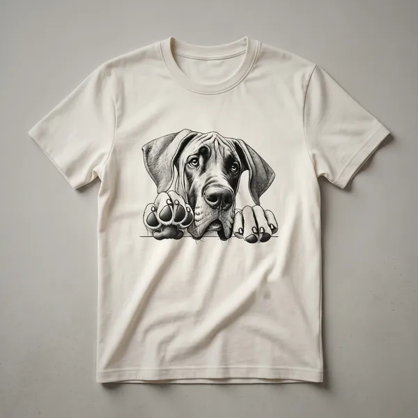 White Great Dane dog head peeking from the left side of a white t-shirt, with a simple graphic design.