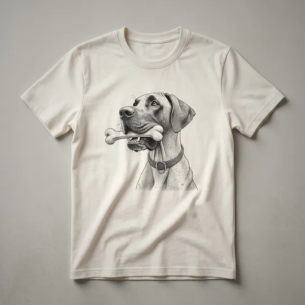 A black graphic t-shirt featuring a stylized illustration of a Great Dane dog holding a bone in its mouth.