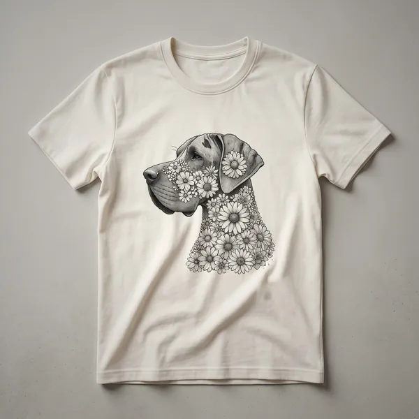 White graphic t-shirt featuring a Great Dane silhouette filled with a colorful floral pattern, with the words 'Dog Mom' subtly integrated.