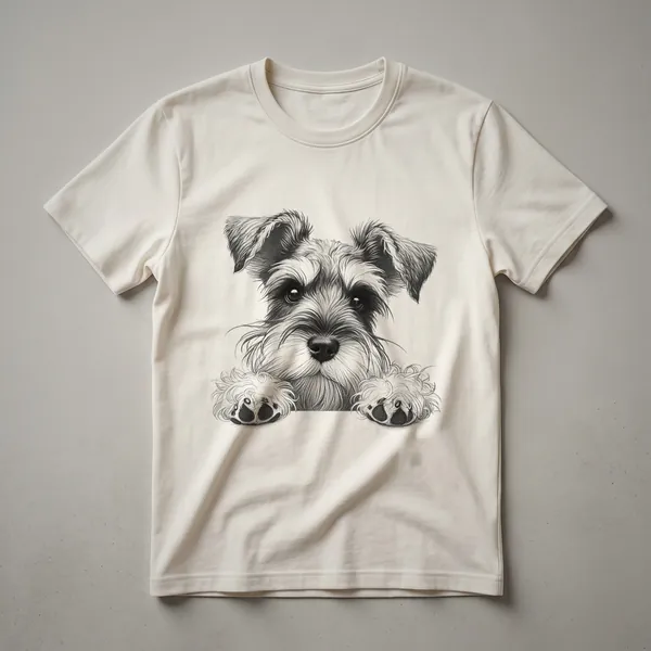 White graphic t-shirt featuring a cartoon illustration of a Miniature Schnauzer's head peeking over the bottom edge, with its distinctive beard and eyebrows visible.
