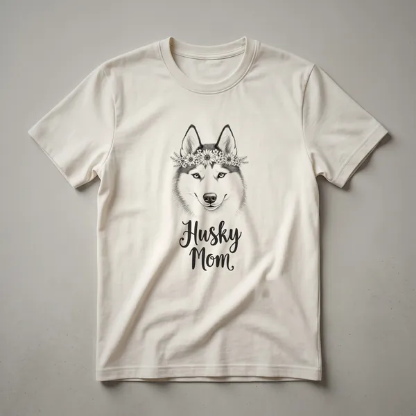 A black t-shirt with a graphic design of a Siberian Husky's head wearing a floral crown, intended for dog moms.
