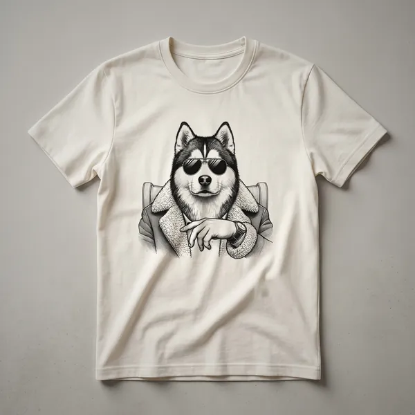 A graphic t-shirt design featuring the face of a Siberian Husky with floral accents, presented on a white background.