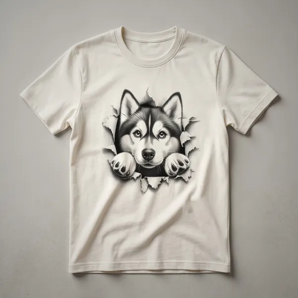White graphic t-shirt featuring a Siberian Husky's face peeking from behind a colorful floral arrangement with a distressed background.
