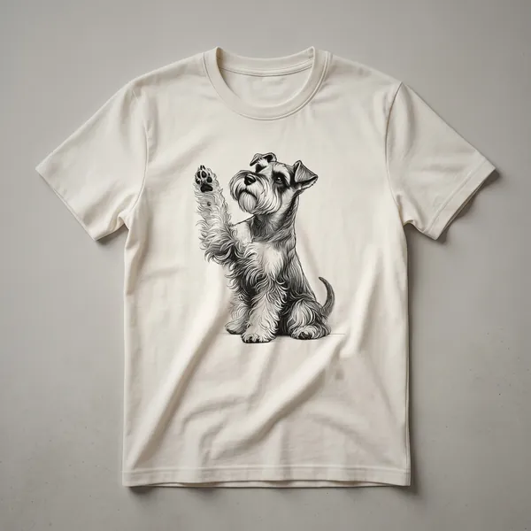 Black graphic t-shirt featuring a stylized illustration of a Miniature Schnauzer dog with its front paw raised, set against a plain background.