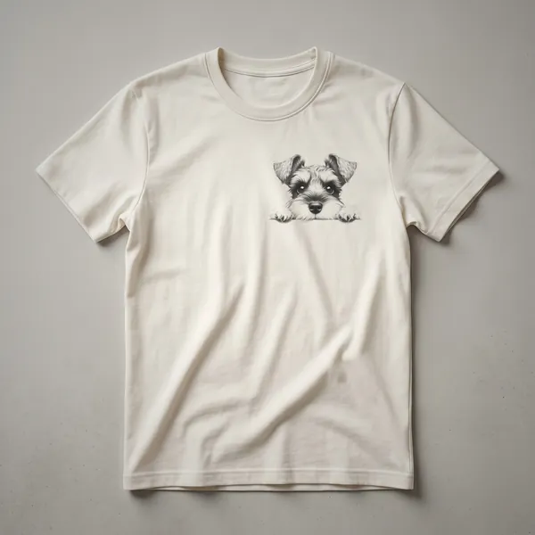 White t-shirt featuring a graphic illustration of a Miniature Schnauzer's face, with its beard and eyebrows peeking over the bottom edge of the design.