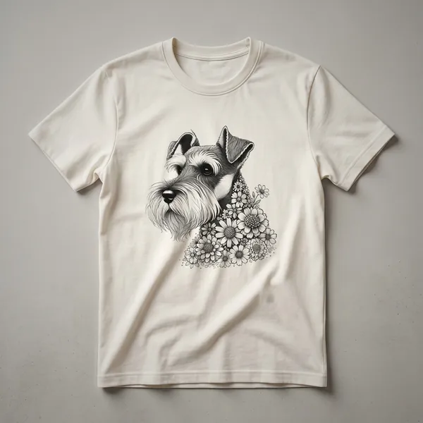 White graphic t-shirt featuring a stylized Miniature Schnauzer dog illustration surrounded by colorful floral elements.