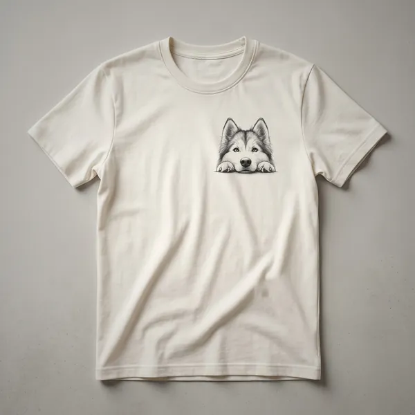 A white and black Siberian Husky with piercing blue eyes peeks out from the bottom of a graphic t-shirt.