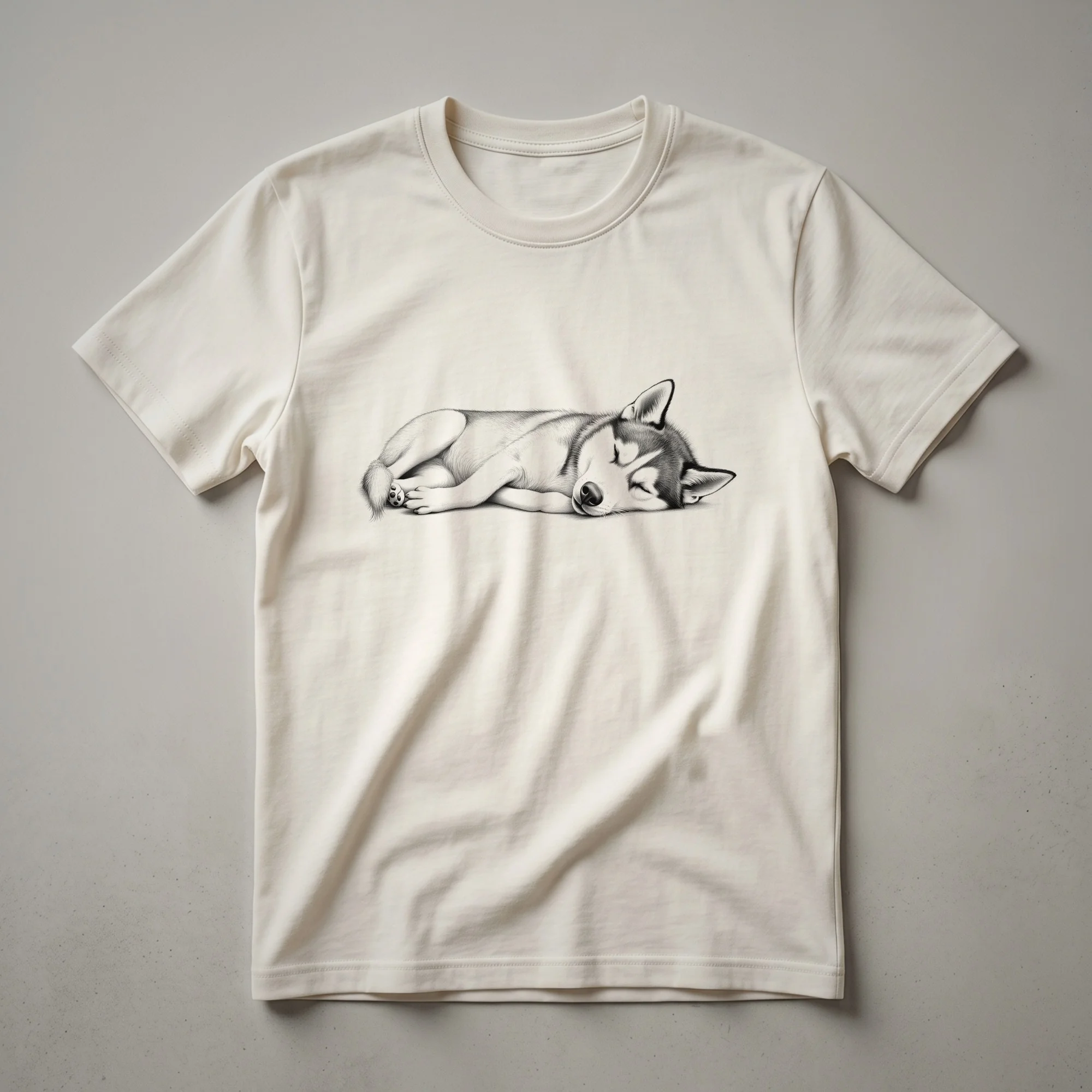 White t-shirt featuring a black silhouette graphic of a sleeping Siberian Husky in profile, with the text 'Siberian Husky Sleeping Dog Design Idea' subtly incorporated.