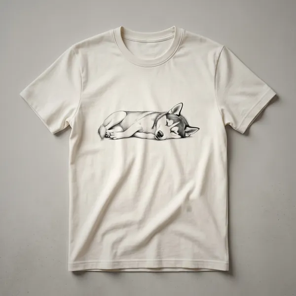 White t-shirt featuring a black silhouette graphic of a sleeping Siberian Husky in profile, with the text 'Siberian Husky Sleeping Dog Design Idea' subtly incorporated.