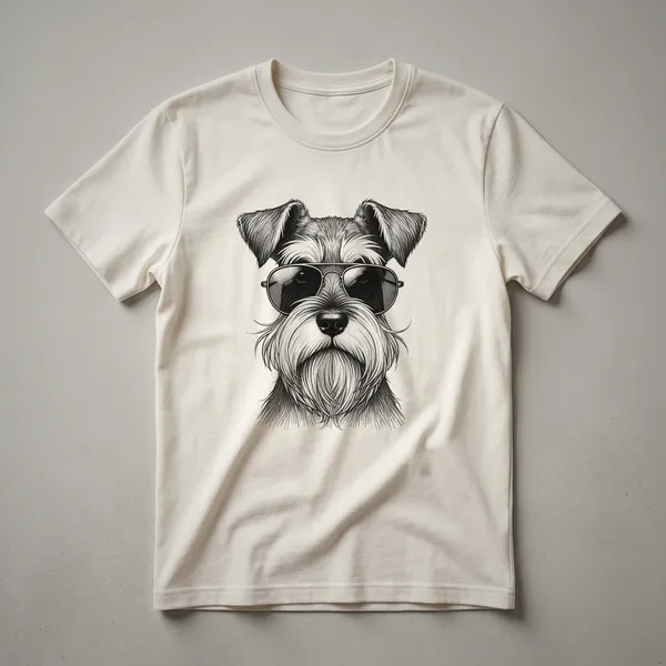 White t-shirt featuring a graphic of a Miniature Schnauzer dog wearing dark sunglasses, with the text 'Miniature Schnauzer Dad' above it.