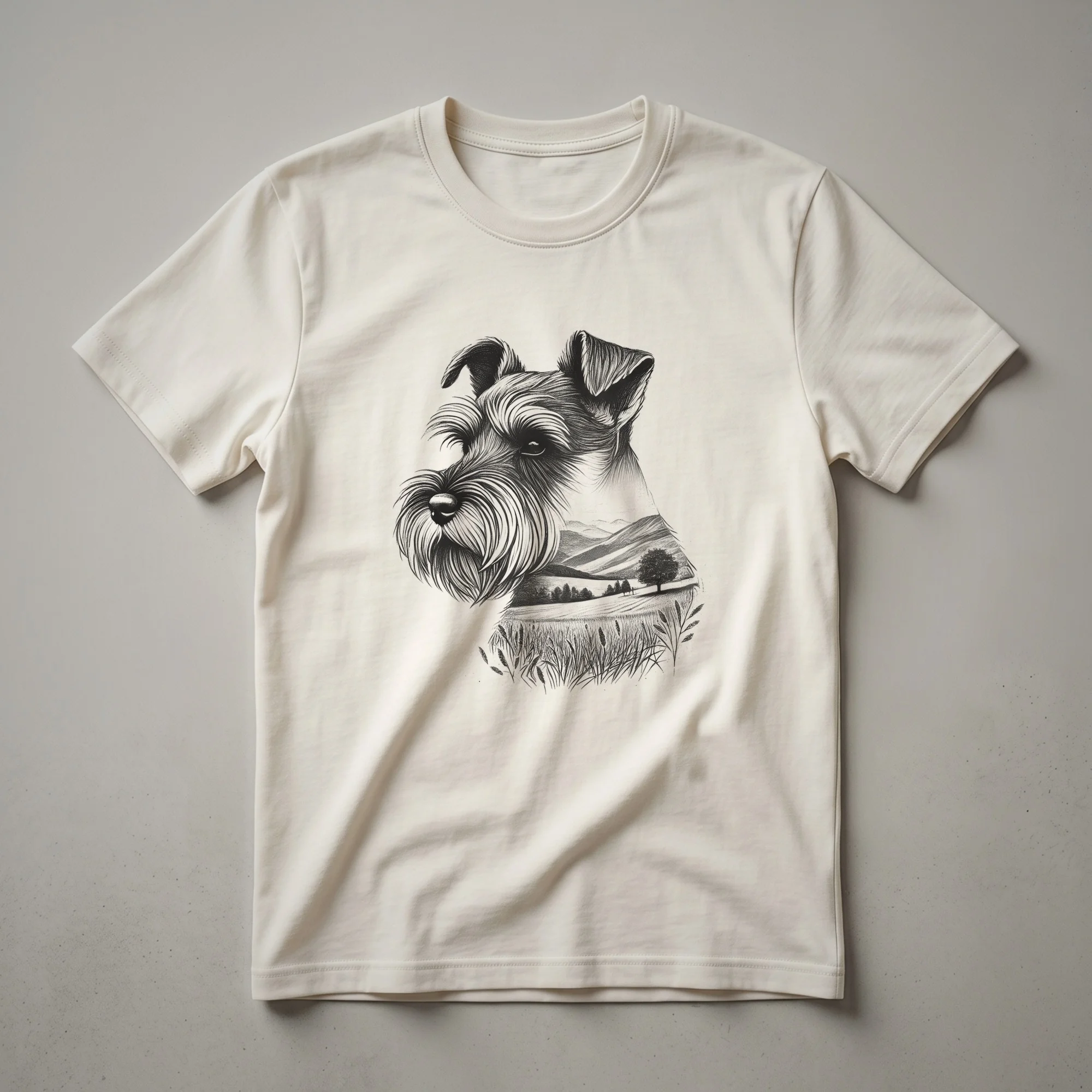 Black t-shirt featuring a graphic of a Miniature Schnauzer dog with a natural background of trees and mountains, designed for dog lovers.