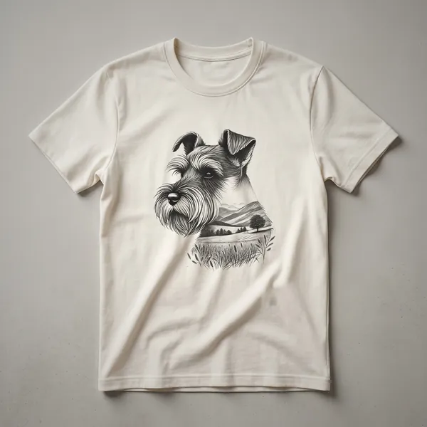 Black t-shirt featuring a graphic of a Miniature Schnauzer dog with a natural background of trees and mountains, designed for dog lovers.