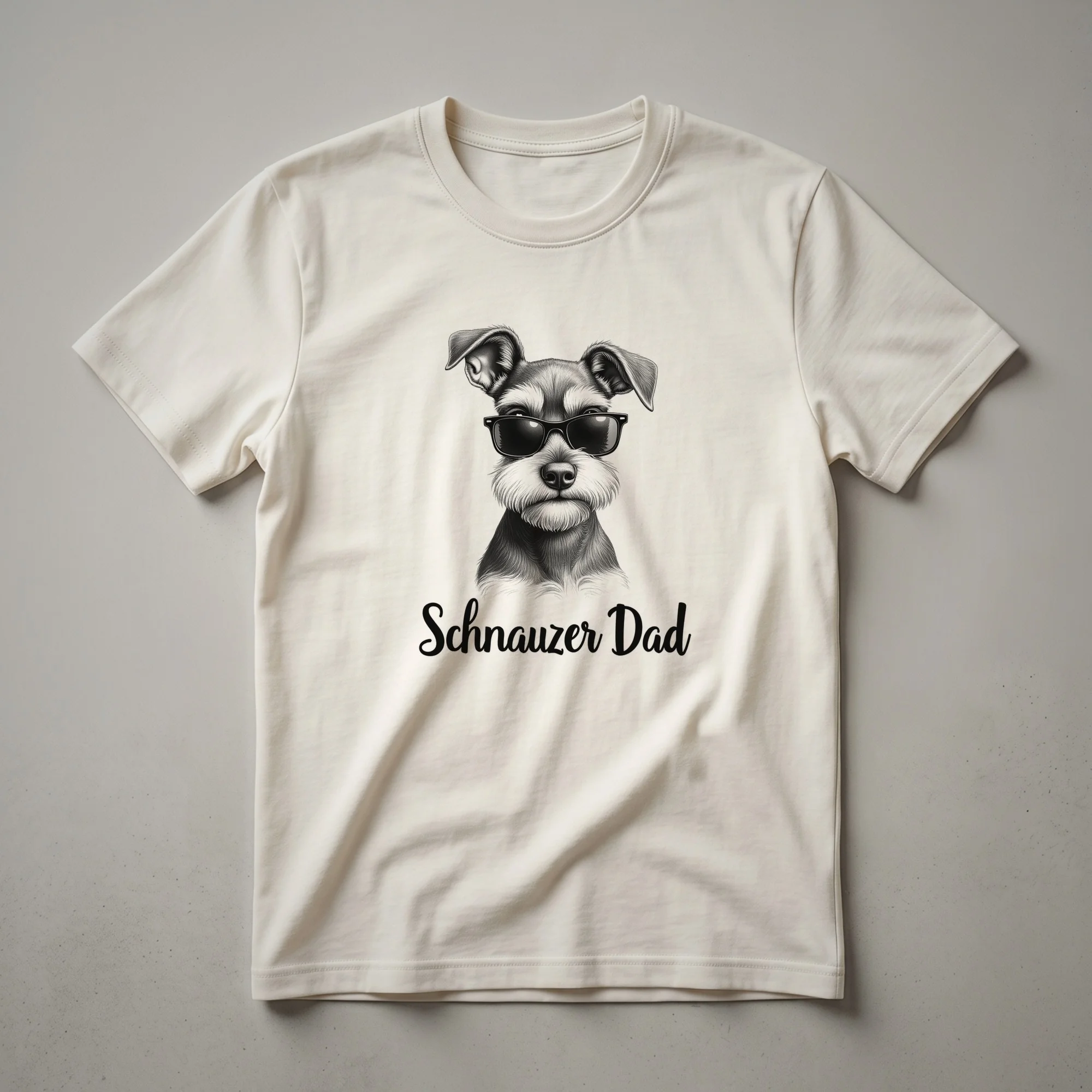 Black graphic t-shirt featuring a stylized illustration of a Miniature Schnauzer's face with its signature beard and eyebrows.