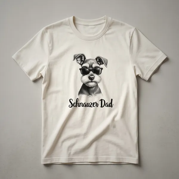 Black graphic t-shirt featuring a stylized illustration of a Miniature Schnauzer's face with its signature beard and eyebrows.