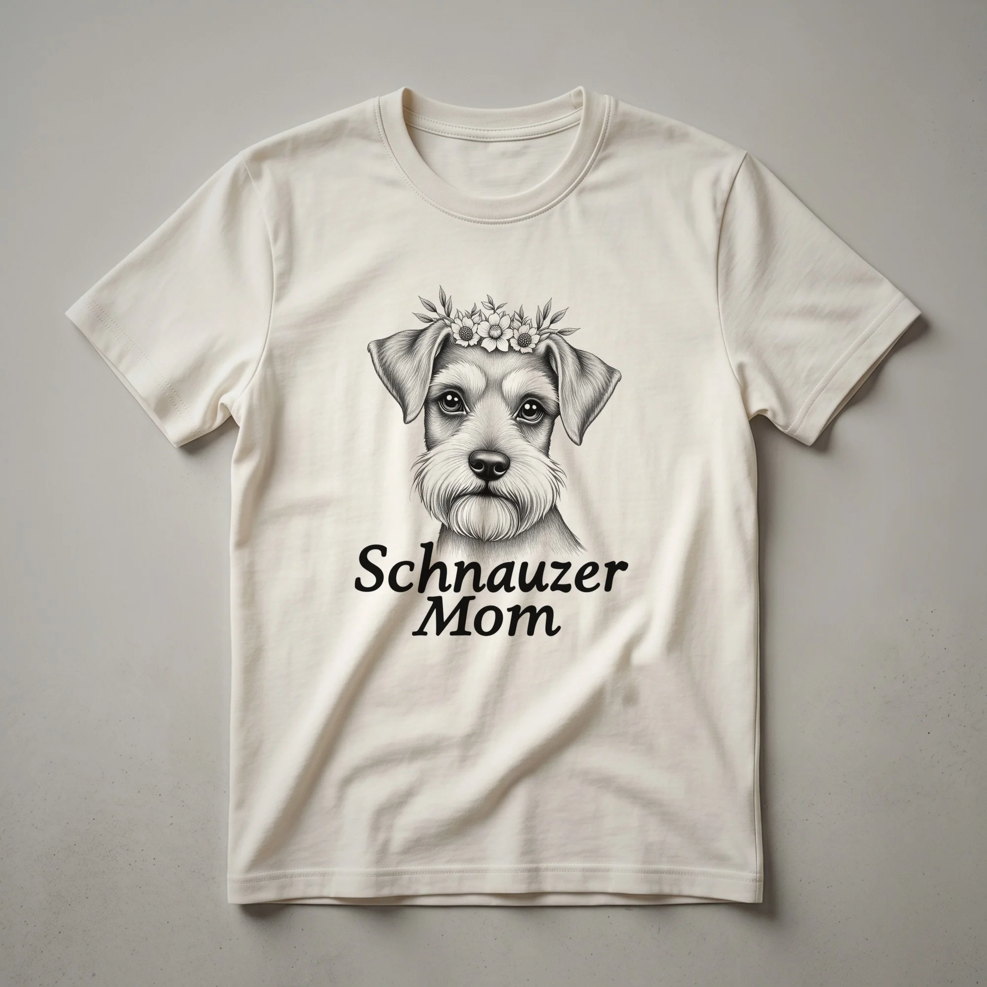 White graphic t-shirt featuring the face of a Miniature Schnauzer with a prominent beard and eyebrows, labeled "Mom".