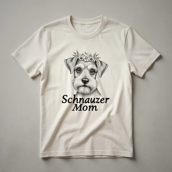 White graphic t-shirt featuring the face of a Miniature Schnauzer with a prominent beard and eyebrows, labeled "Mom".