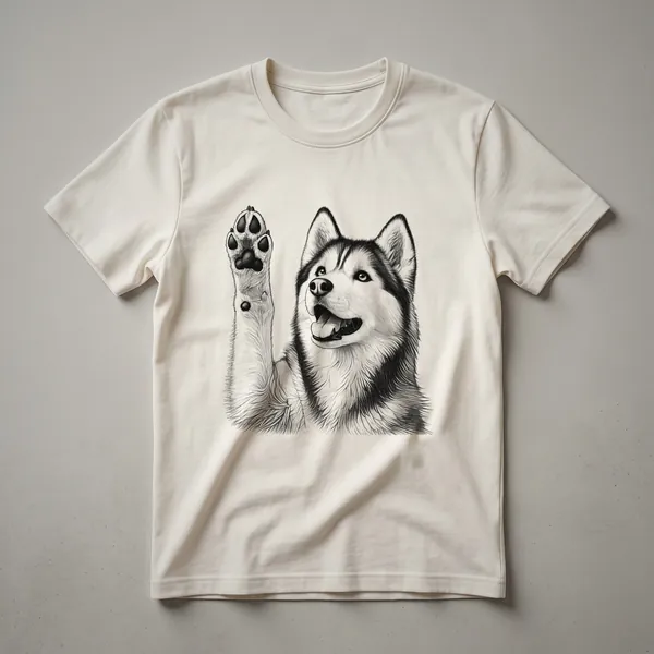 Black t-shirt featuring a stylized Siberian Husky dog with its paw raised in a graphic design.