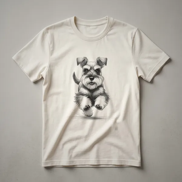 White graphic t-shirt featuring a distressed illustration of a Miniature Schnauzer dog in a running pose.